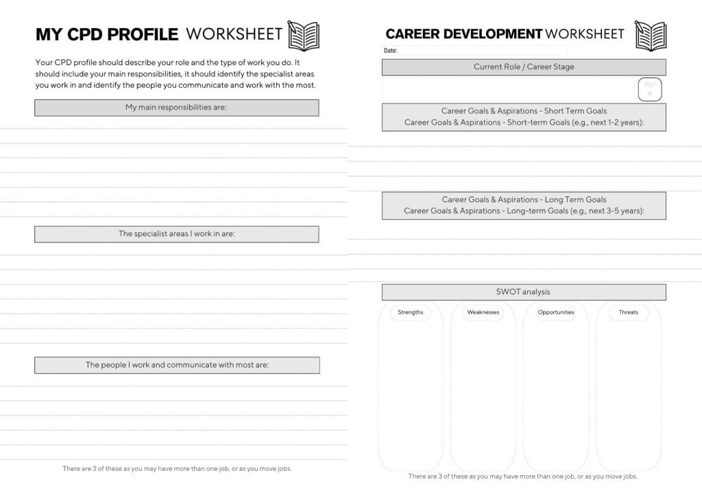 CPD profile page and the career development page next to each other. Each side has a title at the top of the worksheet followed below by sections and prompts.