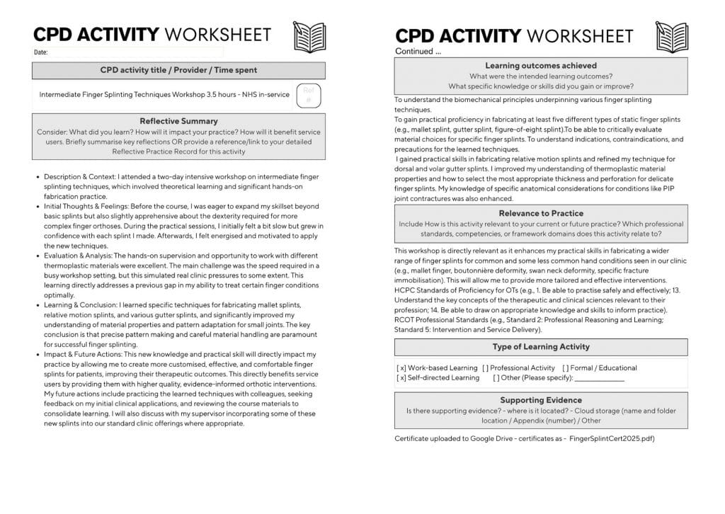 2 pages of the completed CPD activity worksheet with mock answers worksheet side by side. in Each side has a title at the top of the worksheet followed below by sections and prompts fully completed.